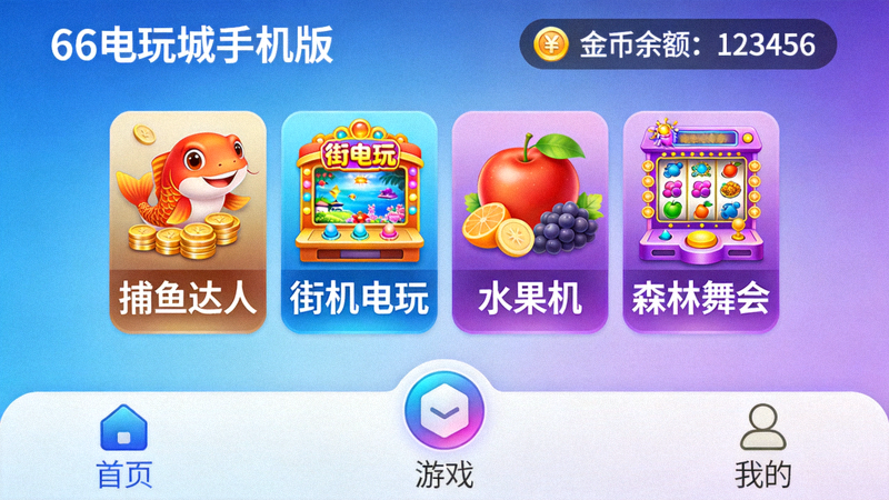 66电玩城手机版游戏大厅界面截图，展示各种游戏入口和金币余额显示